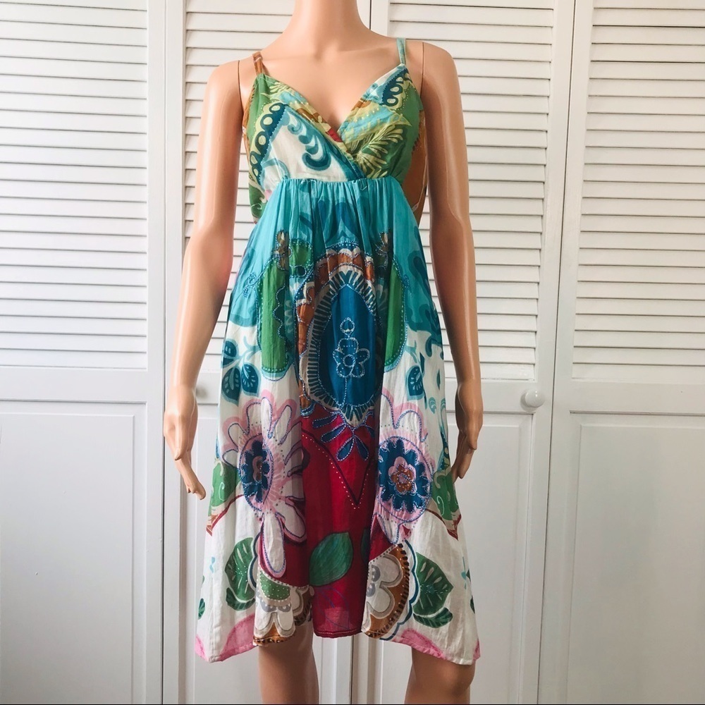 2/$25 BHAGA BOHO Multicolor Beaded Floral Spaghetti Strap Sundress Size Medium/L